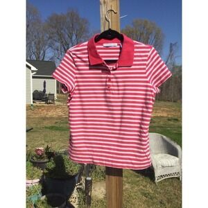 St Aumont womens short sleeve polo L large pink white blue stripe golf athletic